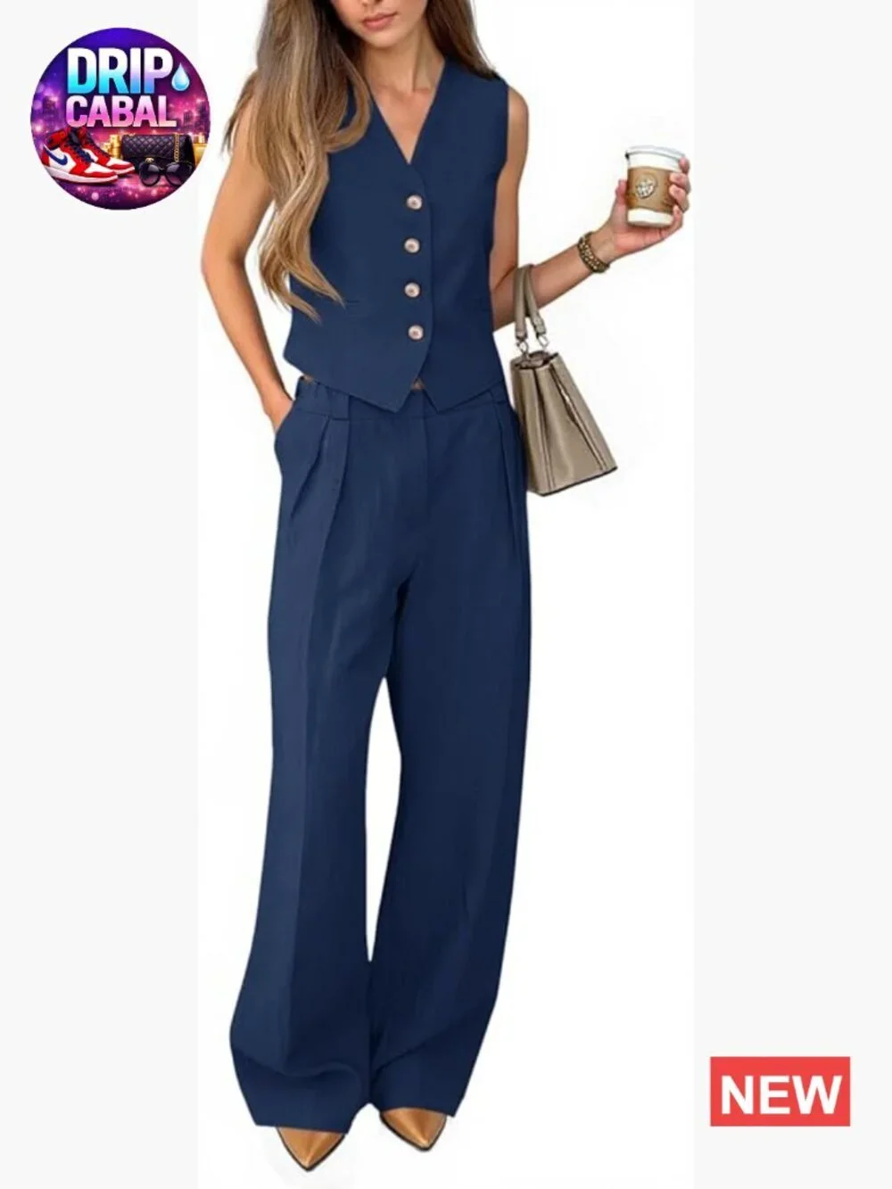 2 Piece Outfits V Neck Crop Vest Blazer and Wide Leg Suit Pants Set